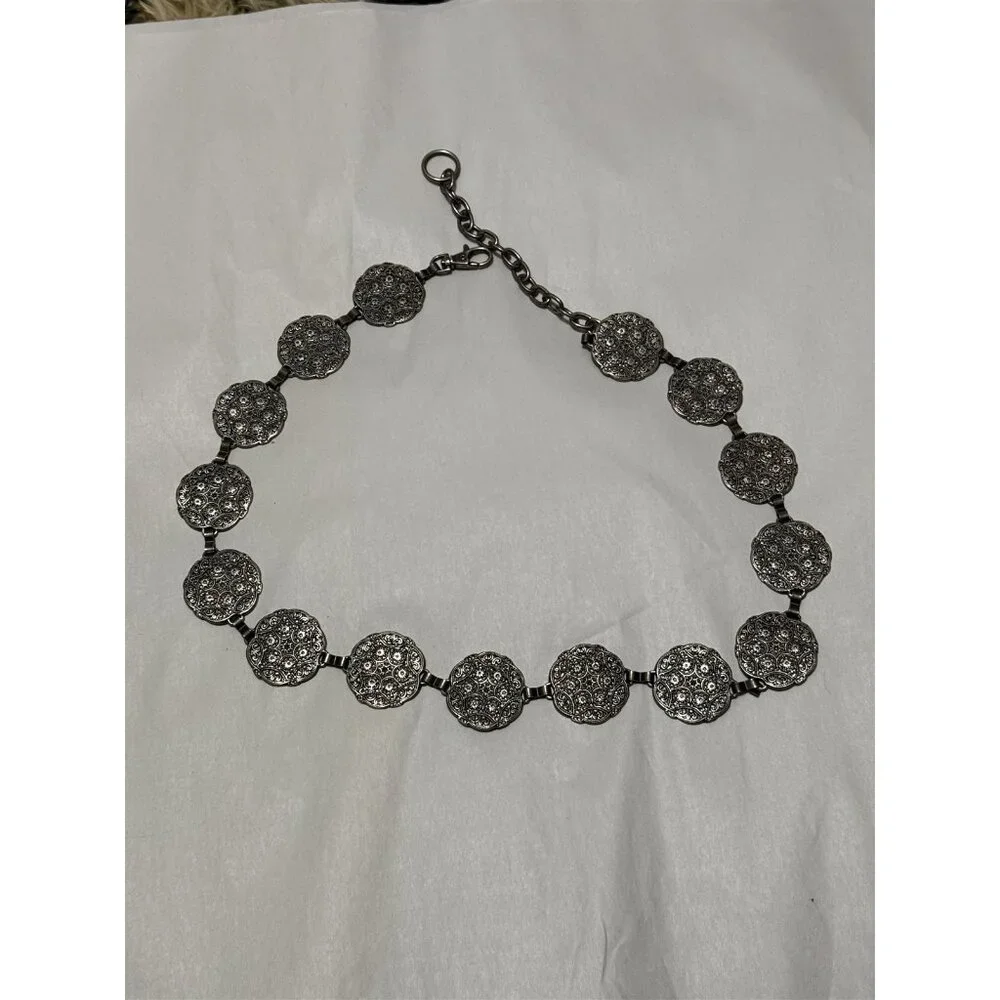 Chain Medallion Belt Silver Tone Embossed Circles Boho Festival